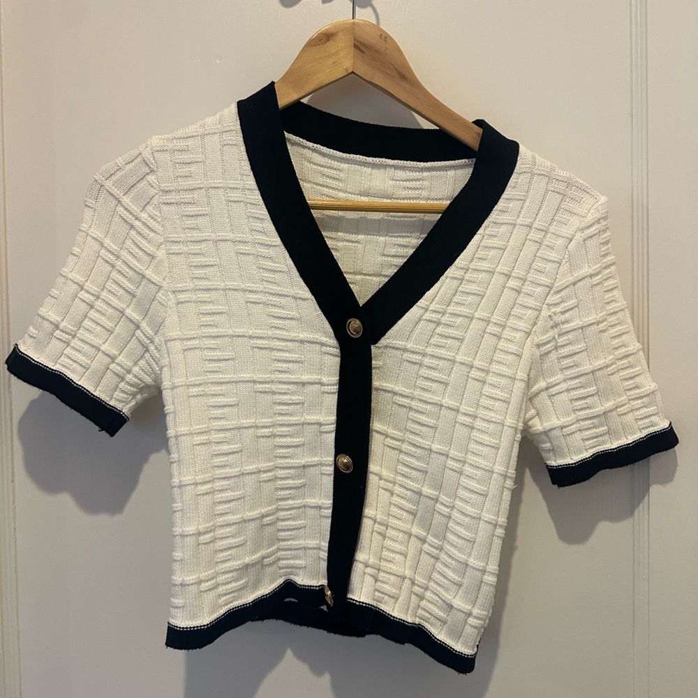 White and Black Button-Up Cropped Cardigan with Gold Buttons Size Large